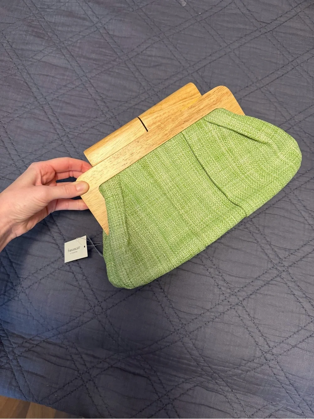 Francesca's Collections Lime Green Fabric Clutch with Wood Frame